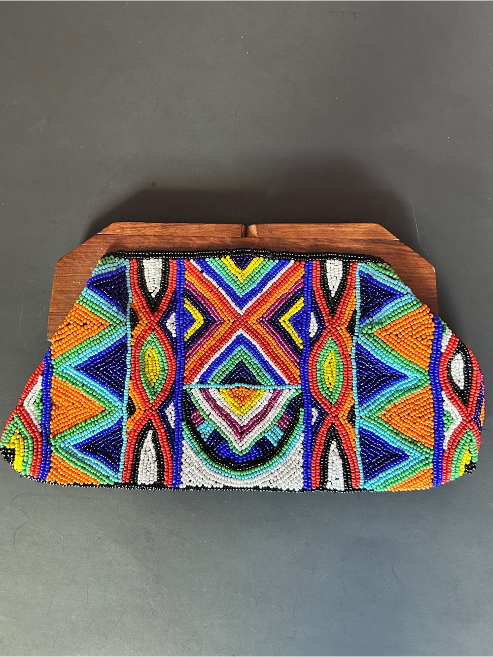 EXPRESS Beaded Clutch Wood Frame Evening Bag Multicolor Boho Geometric